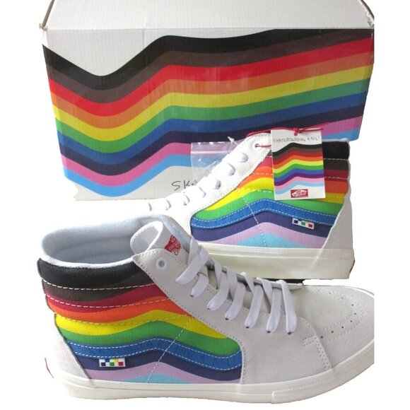 Vans Men's Skate Sk8-Hi Pride White Rainbow Suede Canvas shoes Sizes NIB - Picture 2 of 6